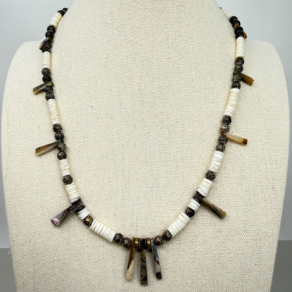Vintage Abalone Shell and White Heishi Bead Necklace with Rose‎ Spacers Boho